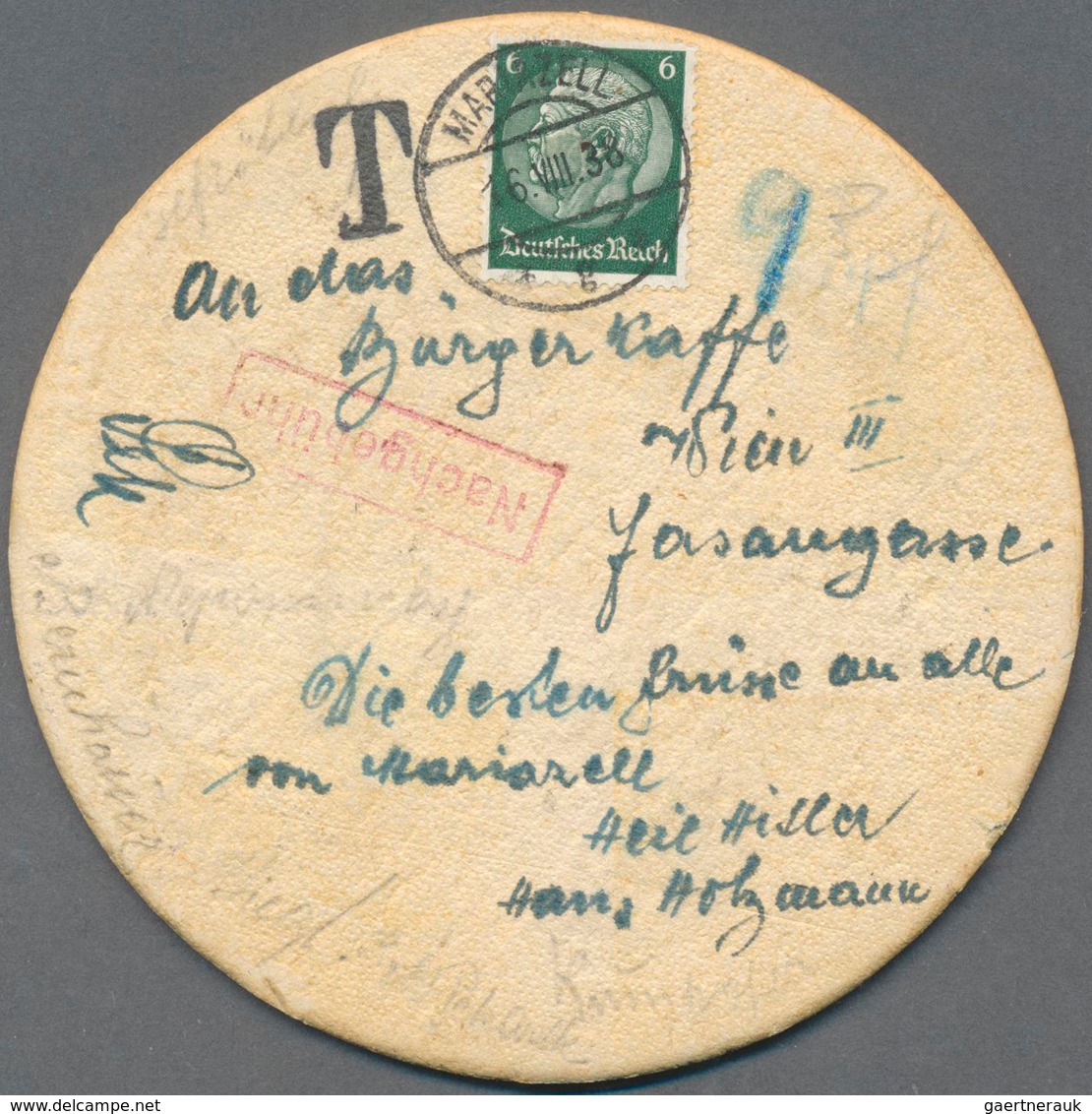 Österreich - Portomarken: 1938, Mit 6 Pfg. Hindenburg Frankierter Bierdeckel, Aufgegeben In Mariazel - Postage Due