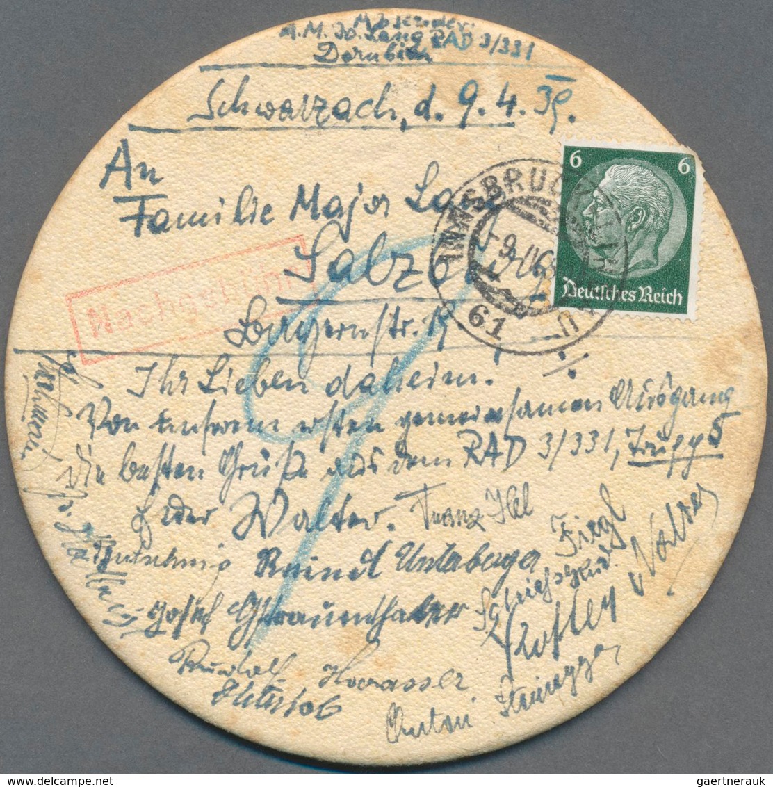 Österreich - Portomarken: 1939, Mit 6 Pfg. Hindenburg Frankierter Bierdeckel, Aufgegeben Im Zug Inns - Strafport