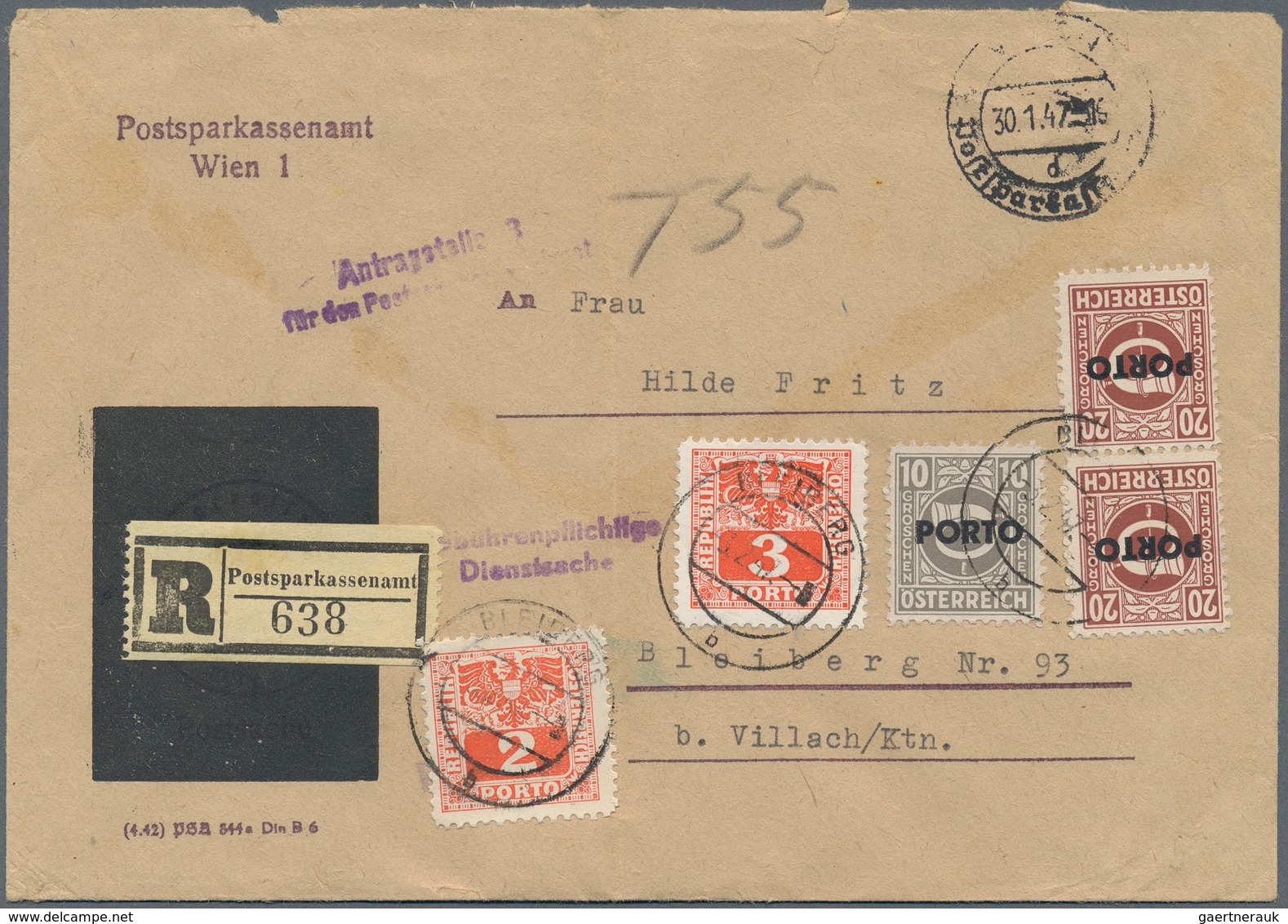 Österreich - Portomarken: 1947, Eingeschriebener Amtsbrief Von Wien Nach Bleiberg. Die Empfängerin M - Strafport