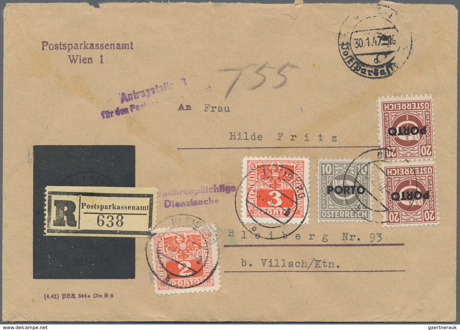 Österreich - Portomarken: 1947, Eingeschriebener Amtsbrief Von Wien Nach Bleiberg. Die Empfängerin M - Postage Due