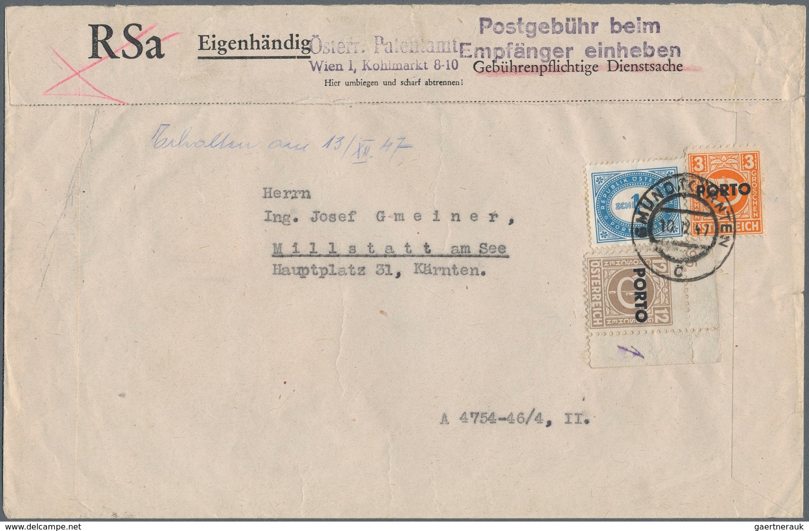 Österreich - Portomarken: 1947, Amtsbrief Aus Wien Nach Millstatt. Belastung Für Den Empfänger Waren - Postage Due