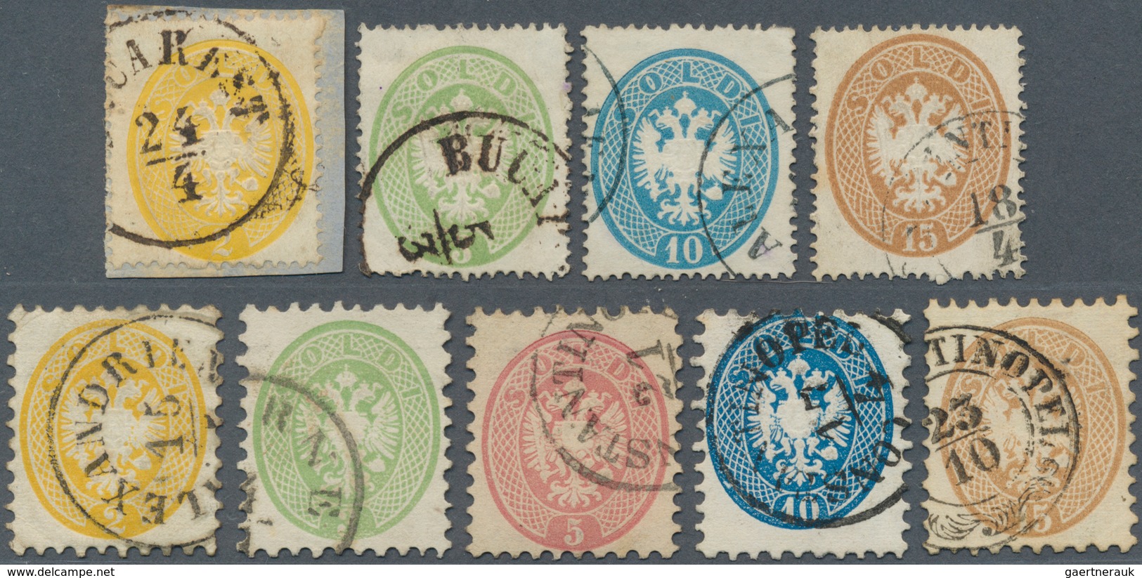 Österreichische Post In Der Levante: 1863/1864, Lomb.-Venetien Vorläufer, 9 Verschiedene Marken Mit - Oostenrijkse Levant