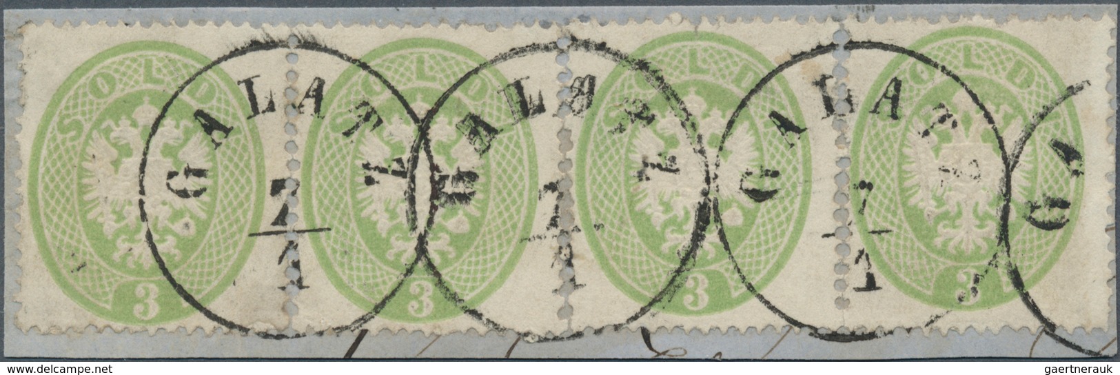 Österreichische Post In Der Levante: 1863/1864, Lomb.-Venetien Vorläufer: 3 So Grün, Gez.14, Vier Ei - Oostenrijkse Levant
