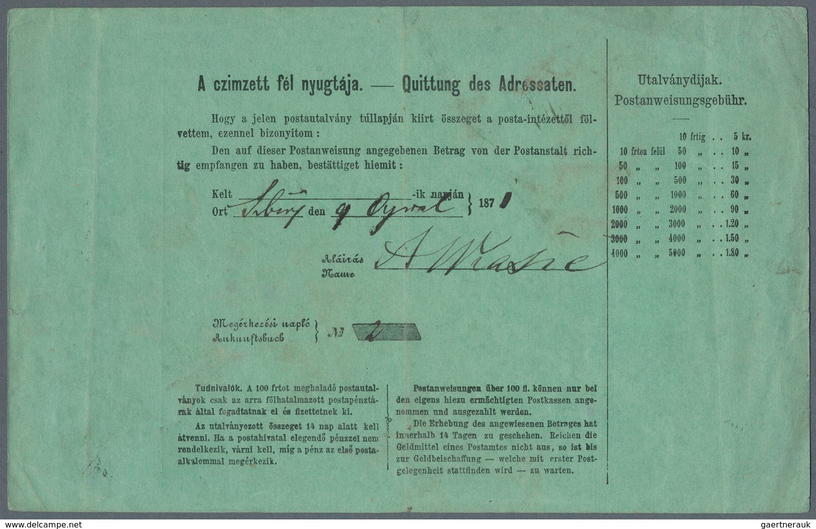 Österreich - Verwendung In Ungarn: 1871, Ungarn 5 Kr Rot Auf Grün Postanweisungsganzsache, Frühe Ver - Andere & Zonder Classificatie