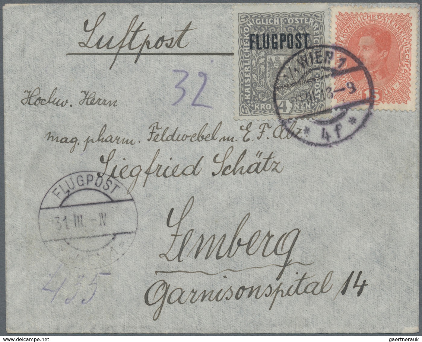 Österreich - Flugpost: 1918, 4 Kr Grau Auf Hellgrauem Papier Zusammen Mit 15 H Freimarke Auf ERSTFLU - Andere & Zonder Classificatie