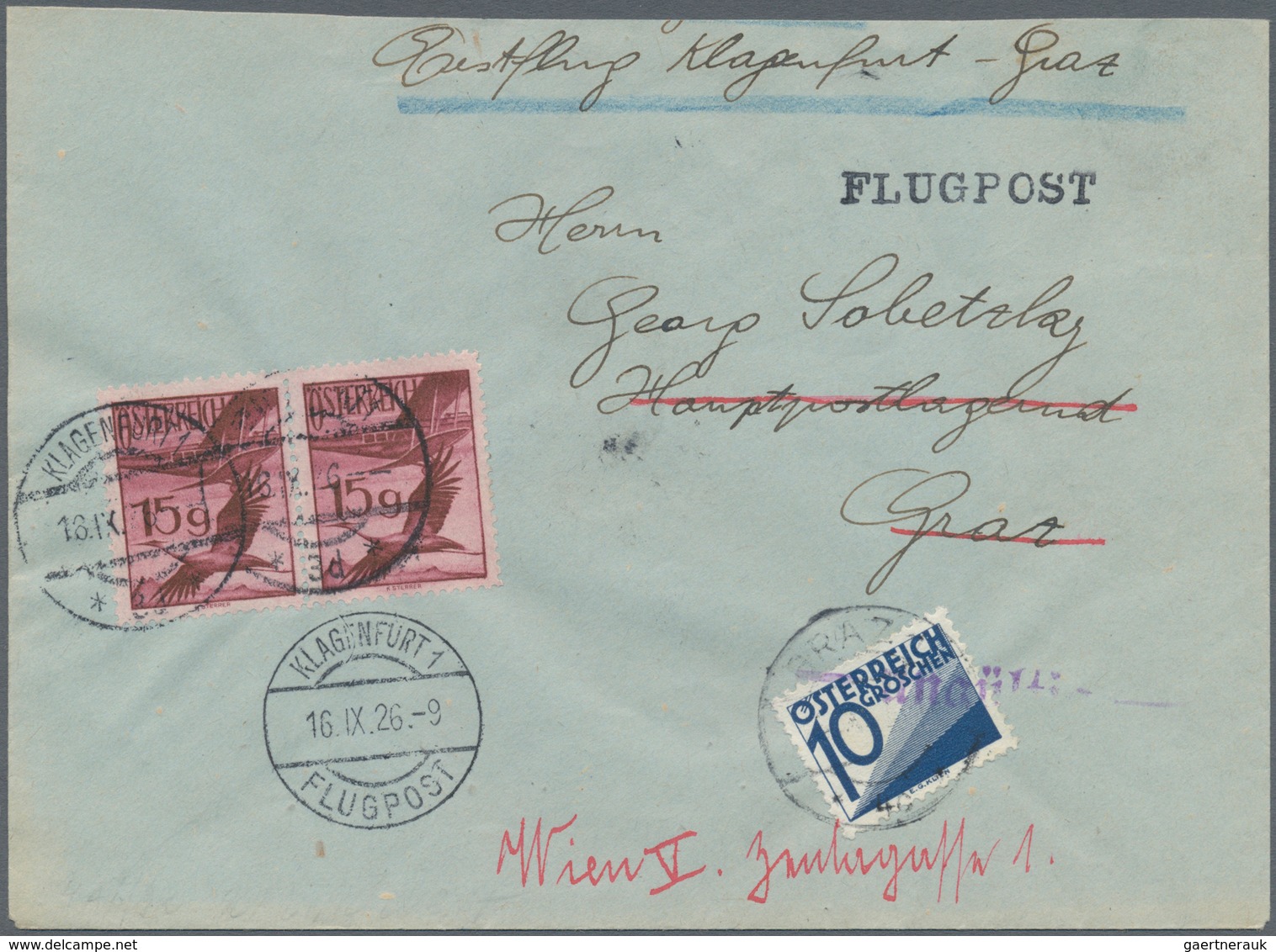 Österreich - Flugpost: 1926, 15 G Kranich, Waager. Paar Auf Erstflugbrief KLAGENFURT-GRAZ Mit Aufgab - Other & Unclassified