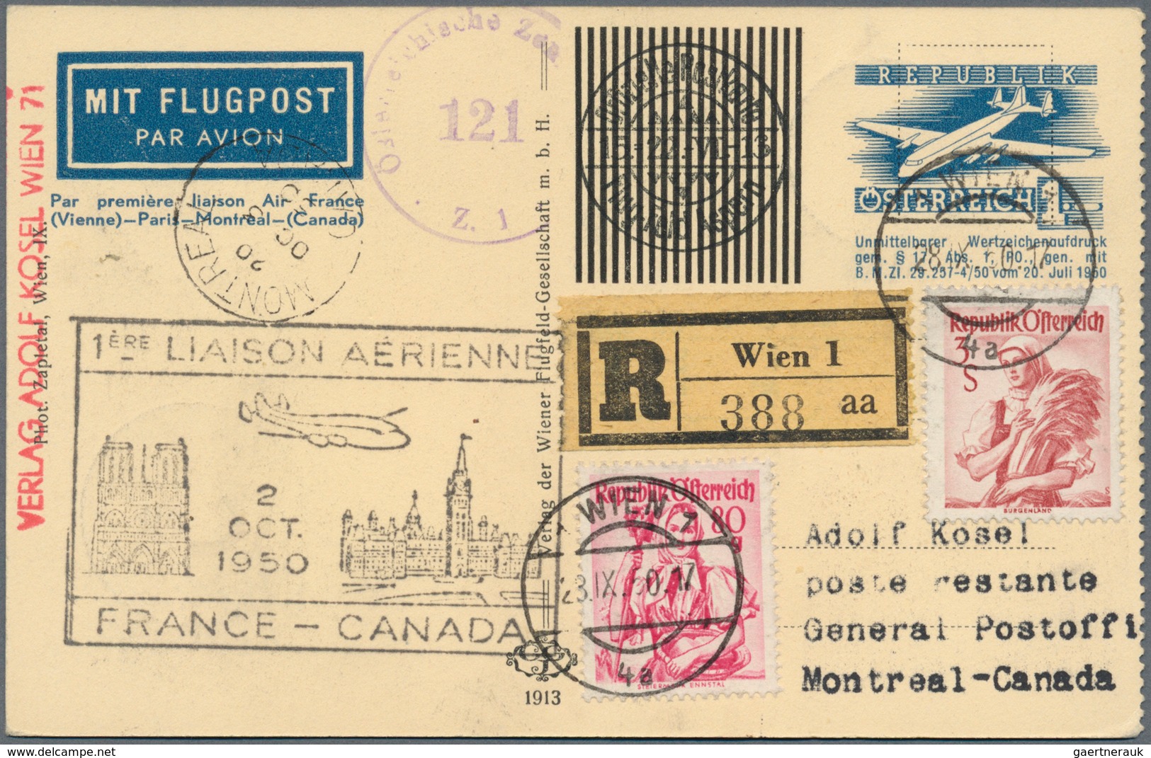 Österreich - Flugpost: 1950, Erstflug Wien-PARIS-MONTREAL(Kanada), 1 S Blau Flugpost-Wertstempel, Ko - Other & Unclassified