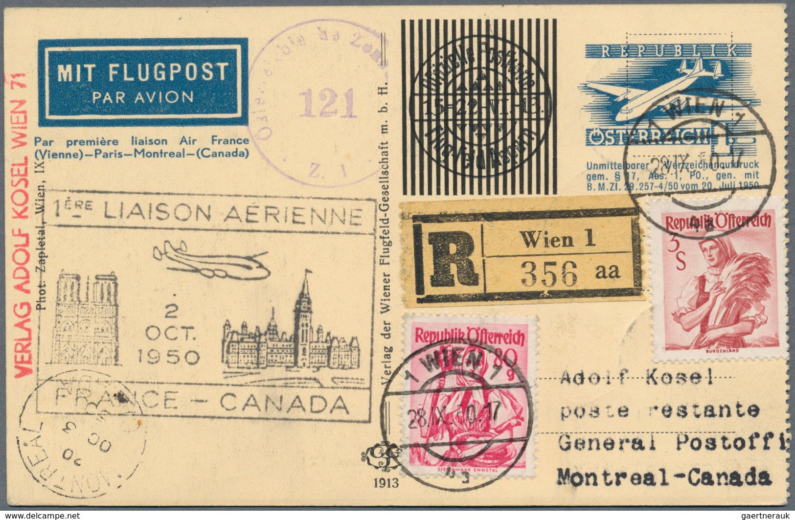 Österreich - Flugpost: 1950, Erstflug Wien-PARIS-MONTREAL(Kanada), 1 S blau Flugpost-Wertstempel, ko