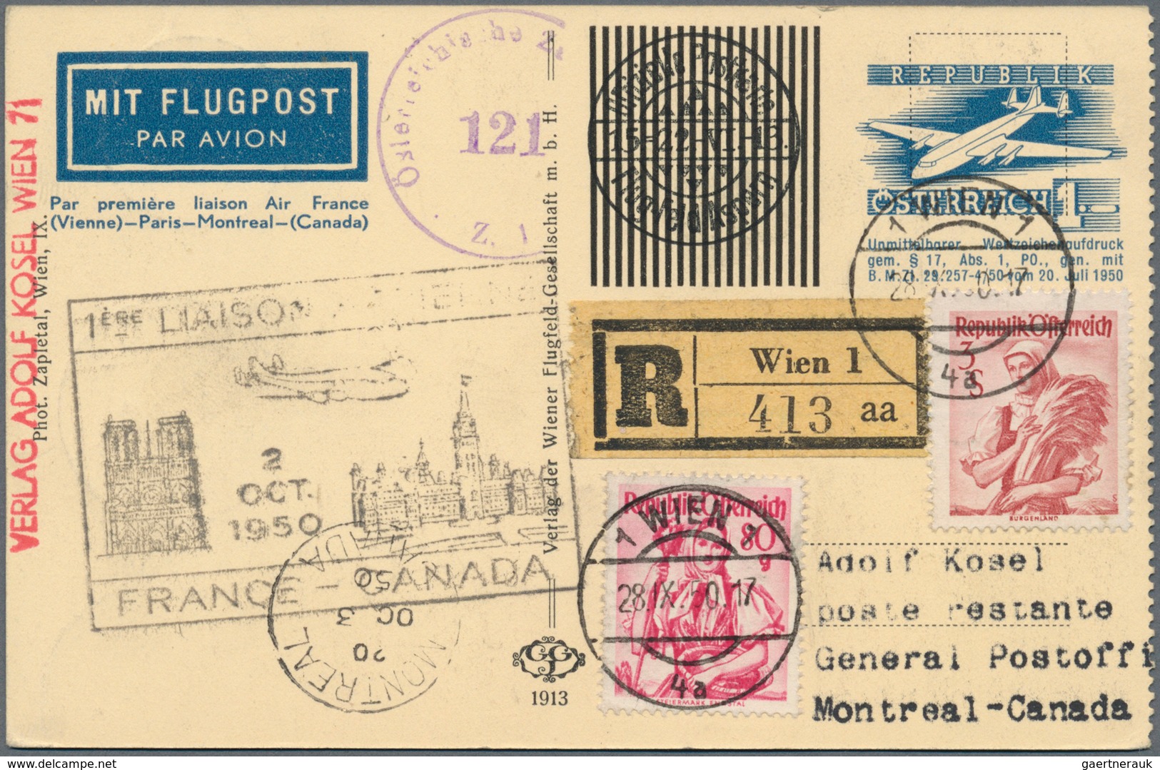 Österreich - Flugpost: 1950, Erstflug Wien-PARIS-MONTREAL(Kanada), 1 S blau Flugpost-Wertstempel, ko