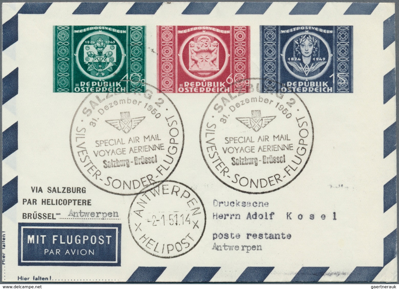 Österreich - Flugpost: 1950, SILVESTER-SONDER-FLUGPOST SALZBURG, 31.12.1950, komplette Serie mit 9 P