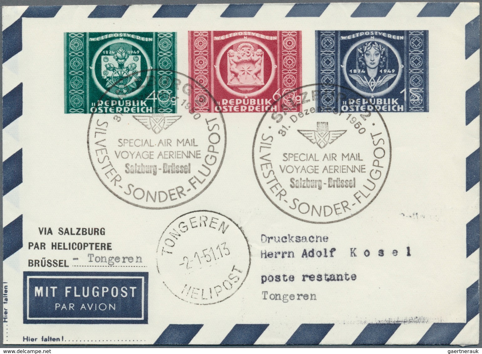 Österreich - Flugpost: 1950, SILVESTER-SONDER-FLUGPOST SALZBURG, 31.12.1950, komplette Serie mit 9 P