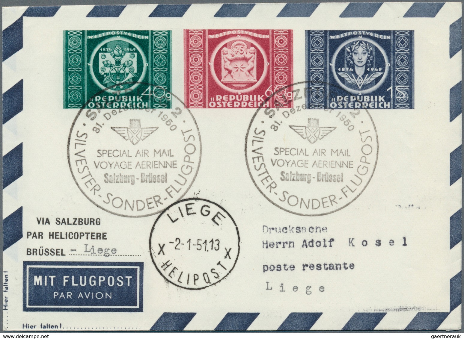 Österreich - Flugpost: 1950, SILVESTER-SONDER-FLUGPOST SALZBURG, 31.12.1950, komplette Serie mit 9 P