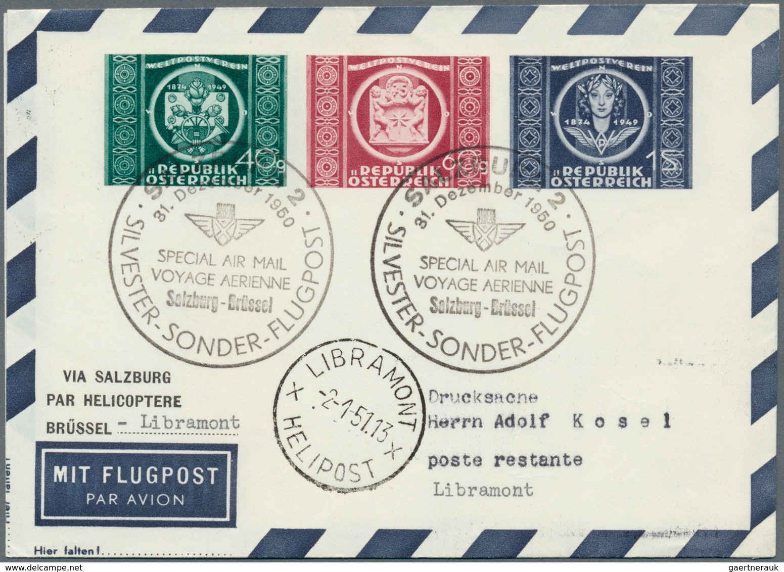 Österreich - Flugpost: 1950, SILVESTER-SONDER-FLUGPOST SALZBURG, 31.12.1950, komplette Serie mit 9 P