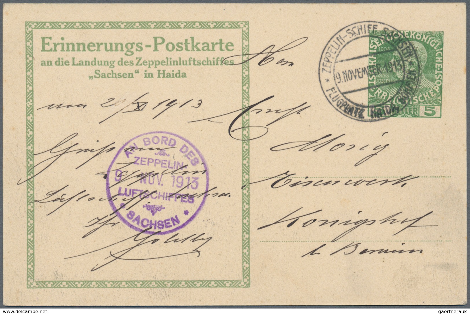 Österreich - Zeppelinpost: 1913, LZ 17 SACHSEN, 5 H Franz-Josef Privat-GSK "Zeppelin über Haida, Kir - Andere & Zonder Classificatie