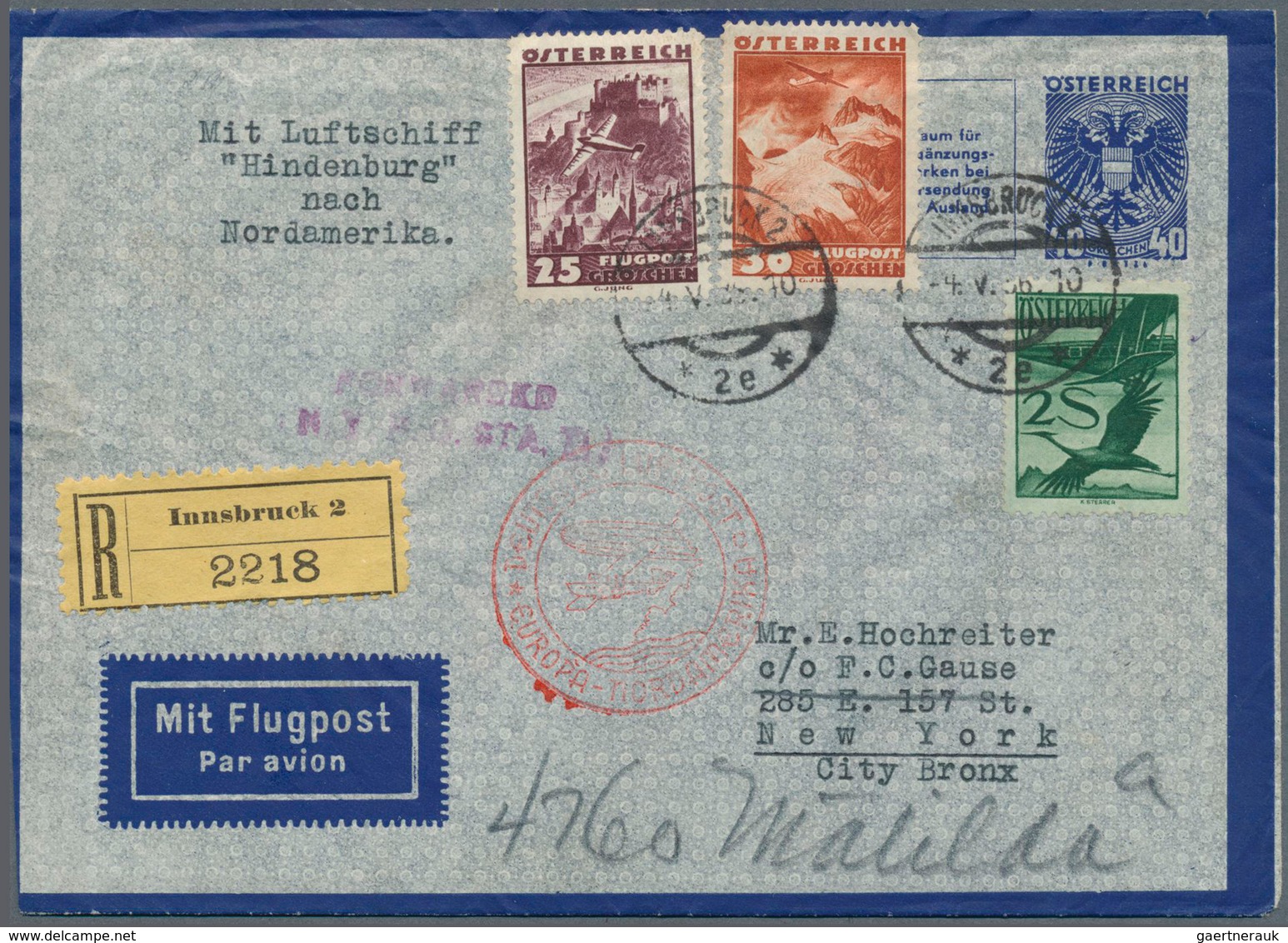 Österreich - Zeppelinpost: 1936, 1.Nordamerikafahrt, 40 G Luftpostumschlag Mit Zusatzfrankatur 25 G, - Andere & Zonder Classificatie