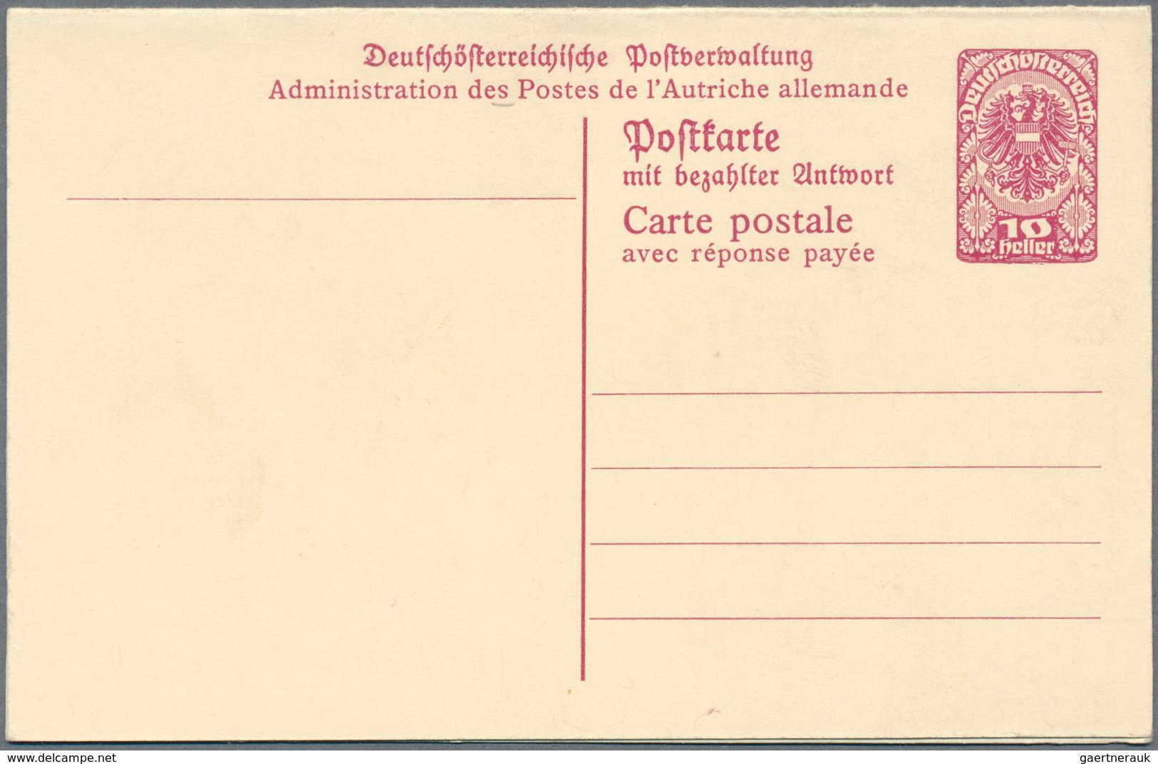 Österreich - Ganzsachen: 1919. NICHT-VERAUSGABTE Doppelkarte 10H+10H Bräunlichlila Deutsch-Österreic - Altri & Non Classificati