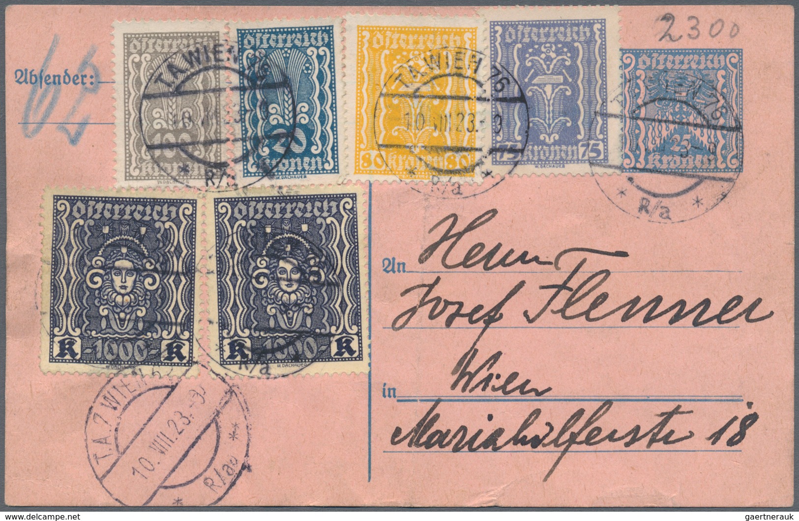 Österreich - Ganzsachen: 1923, 25 Kr Blau Auf Rosa Rohrpostkarte Mit Zusatzfrankatur 20 Kr, 75 Kr, 8 - Autres & Non Classés