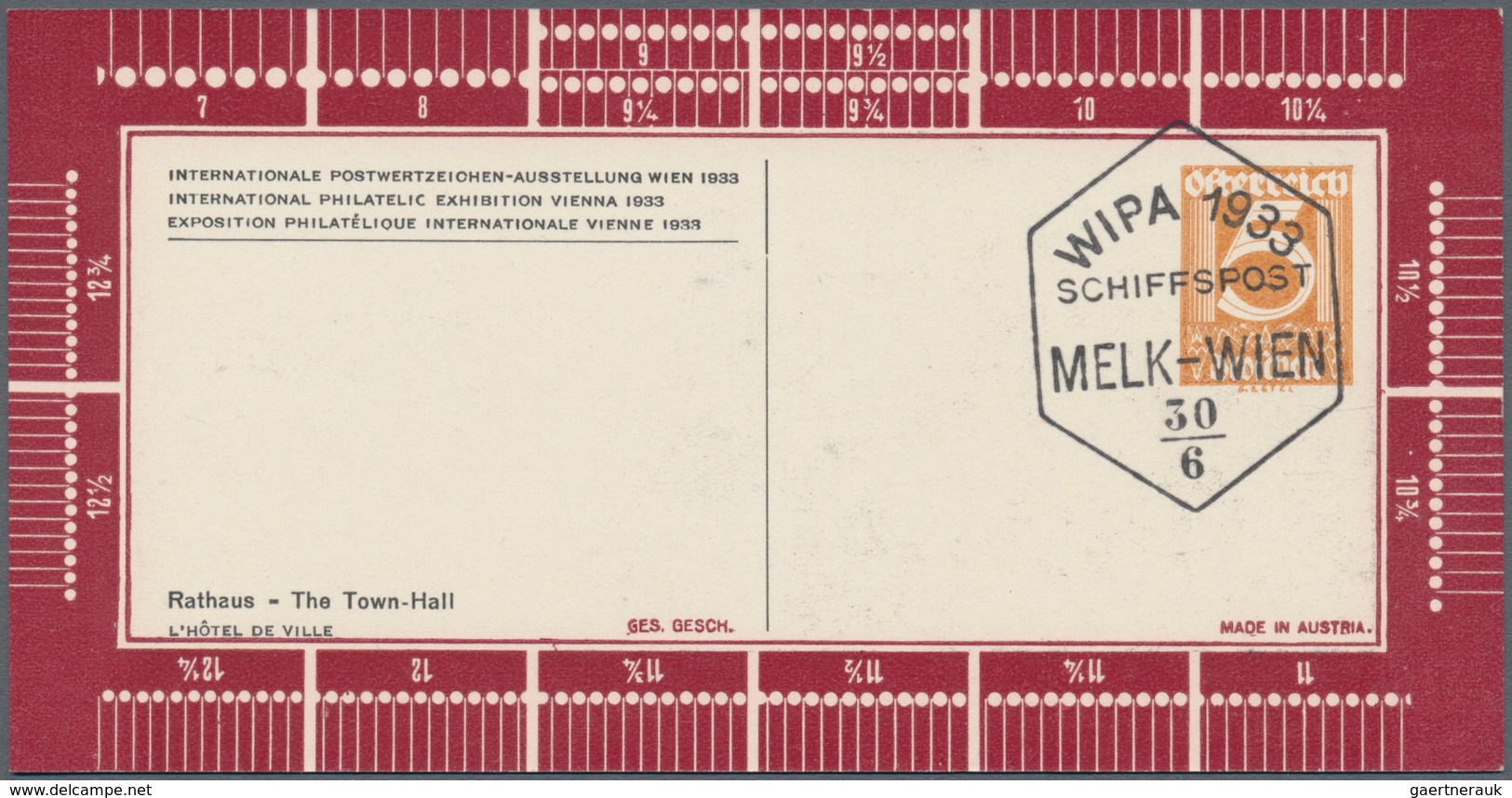 Österreich - Privatganzsachen: 1933, Zähnungsschlüssel In Weinrot Als Privatganzsache Zur WIPA Mit W - Altri & Non Classificati