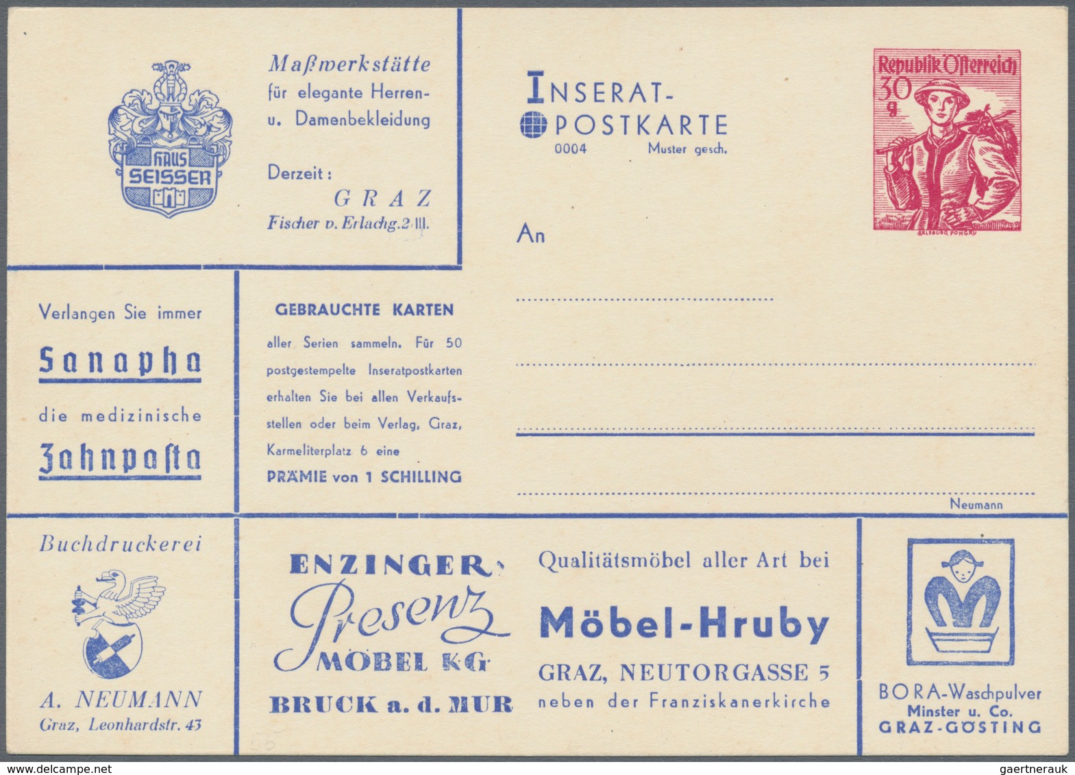 Österreich - Privatganzsachen: 1949, 30 G Rot Trachten, Privat-Inserat-Postkarte Auf Weißem Karton, - Altri & Non Classificati