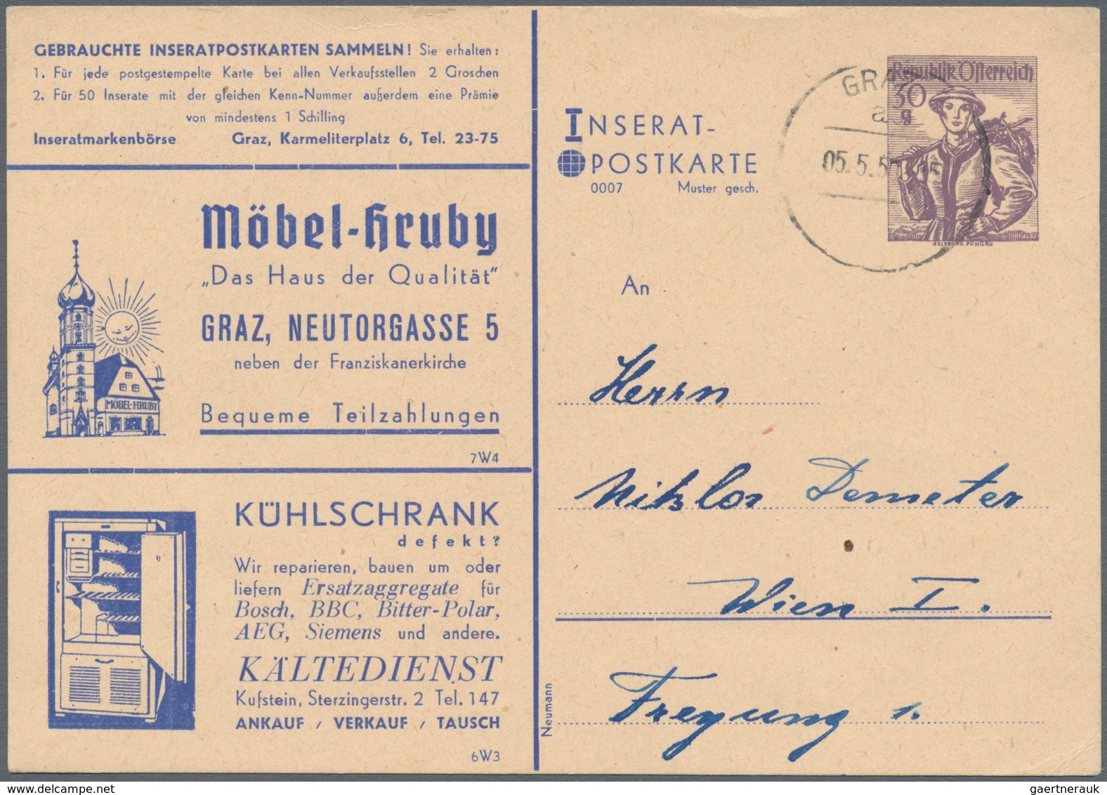 Österreich - Privatganzsachen: 1950, 30 G Violett Trachten, Privat-Inserat-Postkarte, Serie 0007, Mi - Other & Unclassified