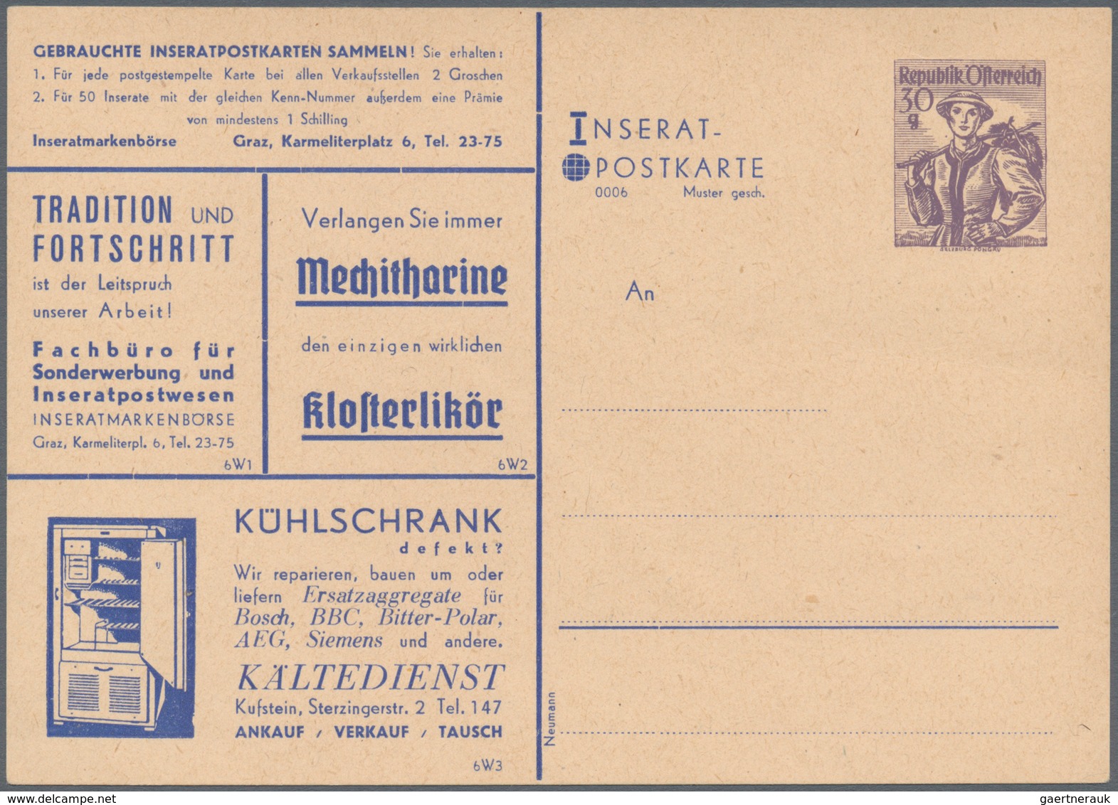 Österreich - Privatganzsachen: 1950, 30 G Violett Trachten, Privat-Inserat-Postkarte, Serie 0006, Mi - Altri & Non Classificati