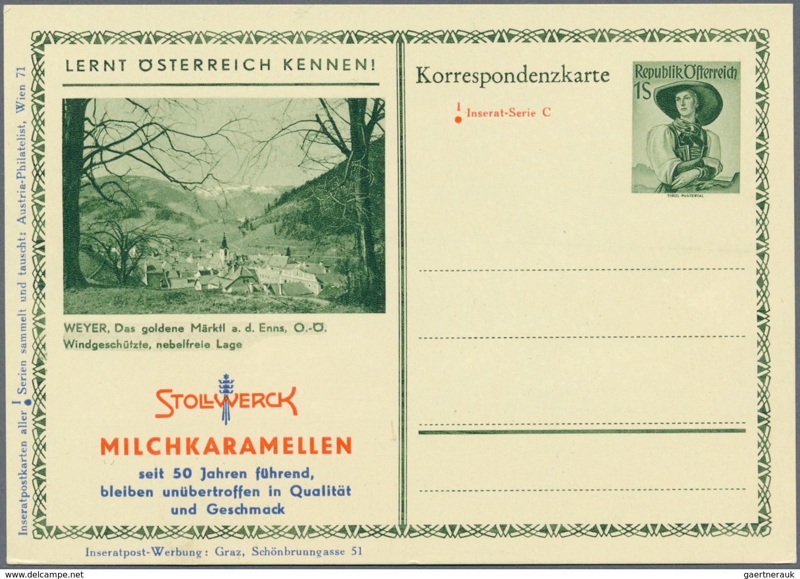 Österreich - Privatganzsachen: 1951, 1 S grün Trachten, 6 verschiedene Bildpostkarten (P 345) der IN