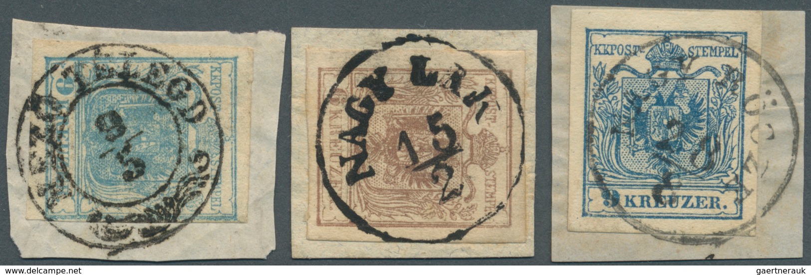 Österreich - Stempel: 1850, "MEZÖ TELEGD" Zier-K2, "NAGY LAK" K1 Und "NAGY BÖSZK" Je Auf Briefstück - Frankeermachines (EMA)