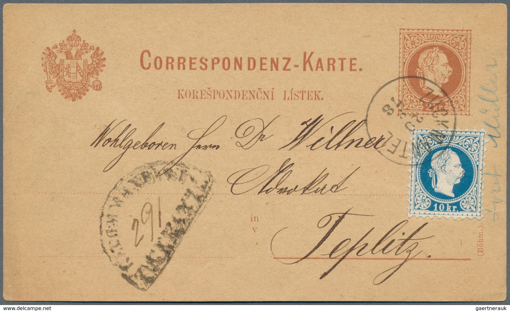 Österreich - Stempel: 1878, Ganzsachen-Karte 2 Kr. Braun (links Oben Eckbug) Mit Zusatzfrankatur 10 - Macchine Per Obliterare (EMA)