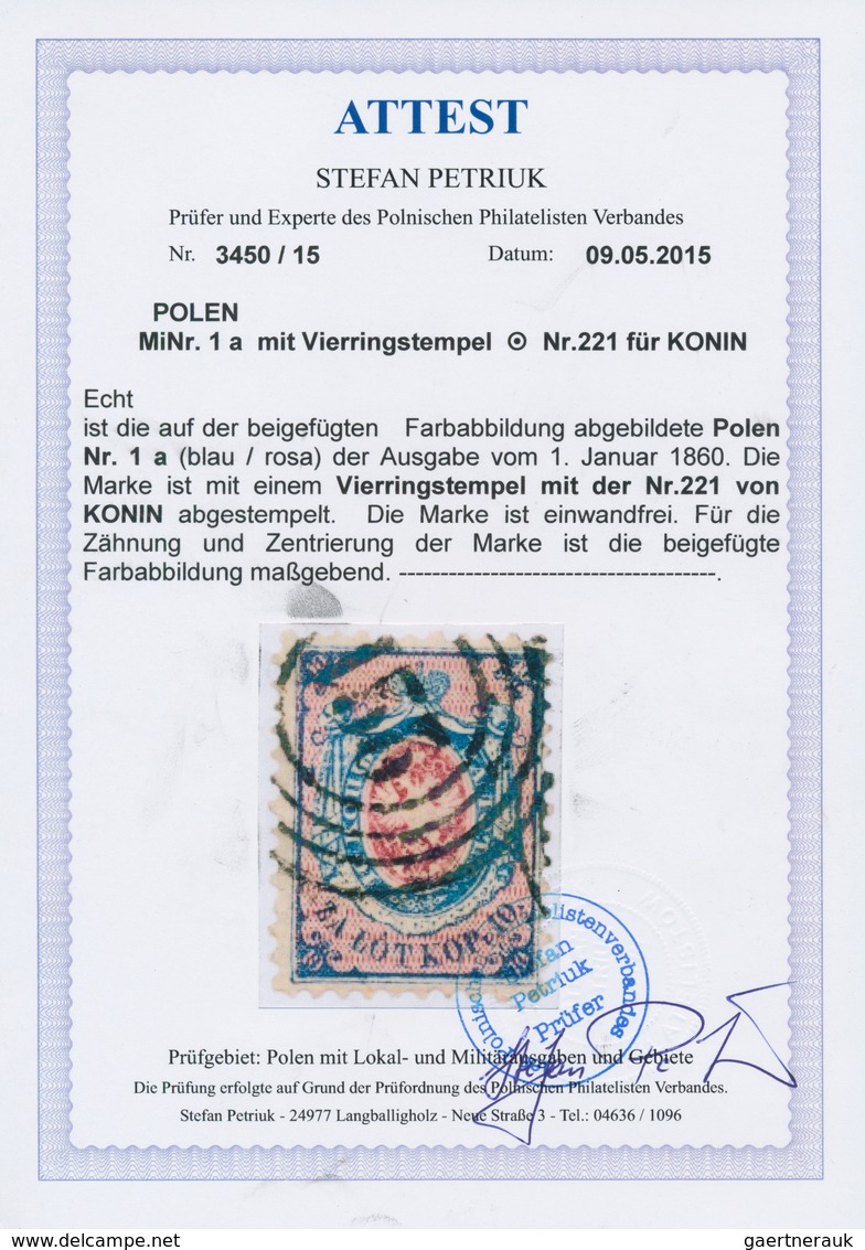 Polen: 1860, 10kop. Blue/rose, Fresh Colour, Repaired, Neatly Oblit. By Numeral "221" KONIN. Certifi - Altri & Non Classificati