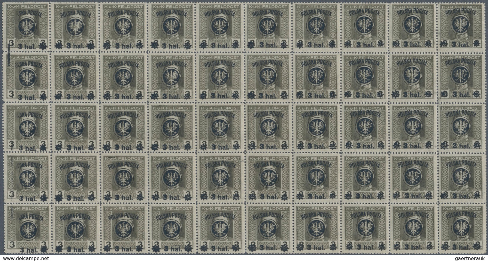 Polen: 1918/1919: Second Lublin Issue 3 Hal. On 3 Hel. Dark Olive, Complete Printing Sheet Of 50 Sta - Other & Unclassified