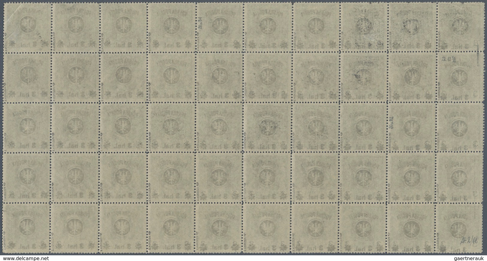 Polen: 1918/1919: Second Lublin Issue 3 Hal. On 3 Hel. Dark Olive, Complete Printing Sheet Of 50 Sta - Altri & Non Classificati
