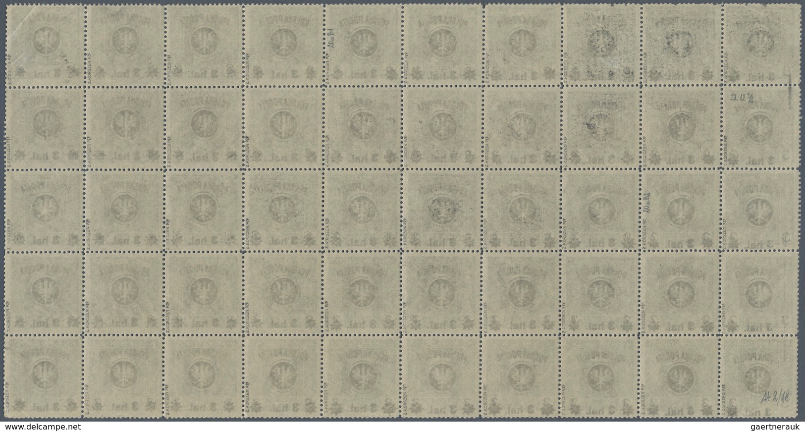 Polen: 1918/1919: Second Lublin Issue 3 Hal. On 3 Hel. Dark Olive, Complete Printing Sheet Of 50 Sta - Other & Unclassified