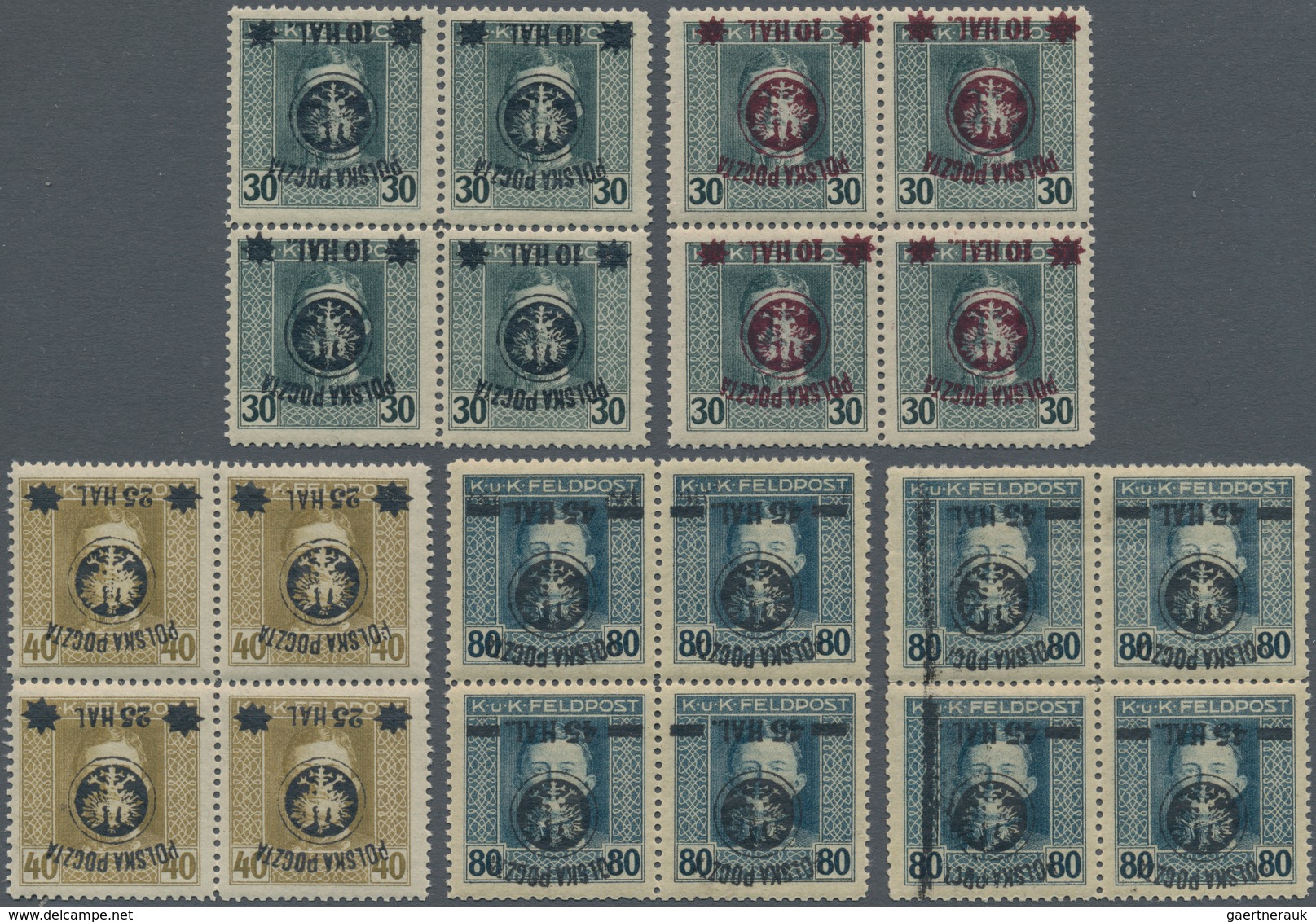Polen: 1918/1919: Second Lublin Issue. Five Different Blocks Of Four With INVERTED OVERPRINT. All Si - Andere & Zonder Classificatie