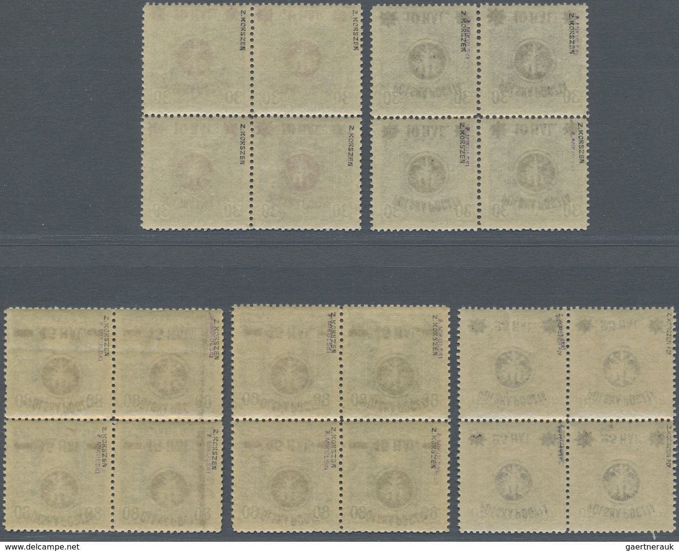 Polen: 1918/1919: Second Lublin Issue. Five Different Blocks Of Four With INVERTED OVERPRINT. All Si - Other & Unclassified