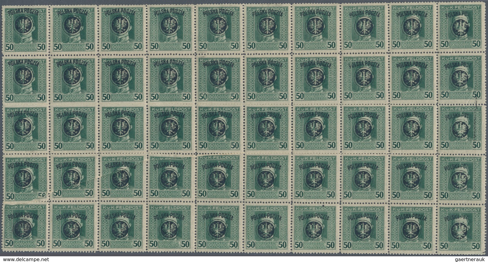 Polen: "1918/1919: Second Lublin Issue, 50 Halerzy Green, Complete Printing Sheet Of 50 Stamps. This - Andere & Zonder Classificatie