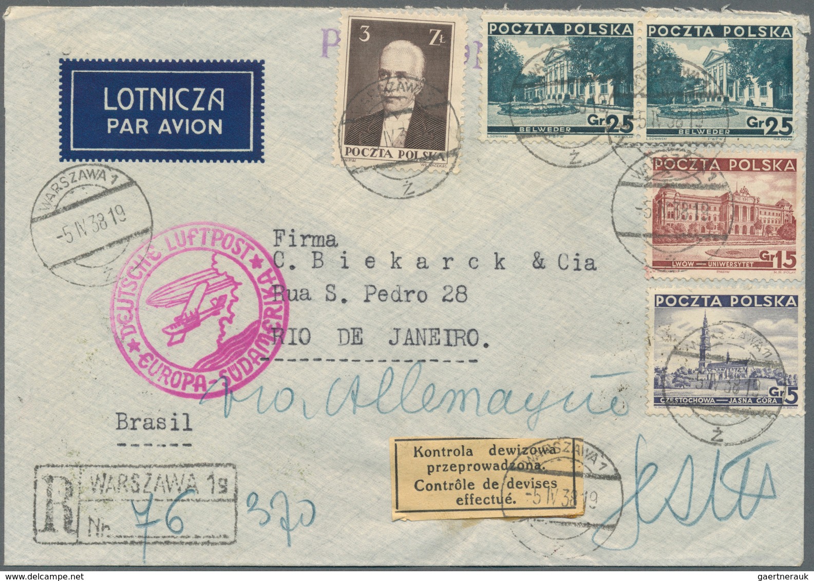 Polen: 1938, 5 Gr, 15 Gr, 2 X 25 Gr And 3 Zl Definitives, Mixed Franking On Registered Airmail Cover - Altri & Non Classificati