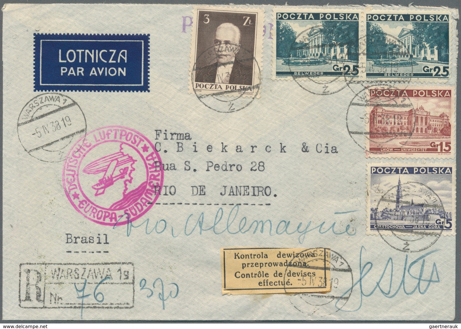 Polen: 1938, 5 Gr, 15 Gr, 2 X 25 Gr And 3 Zl Definitives, Mixed Franking On Registered Airmail Cover - Other & Unclassified