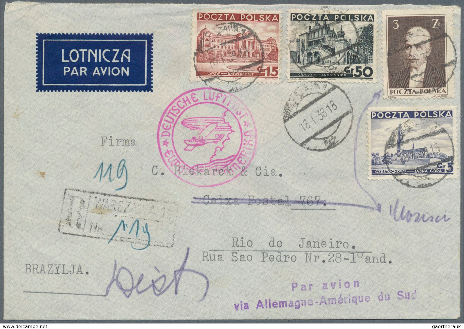 Polen: 1938, 5 Gr Dark Blue, 15 Gr Brown, 50 Gr Black And 3 Zl Dark Brown Definitives, Mixed Frankin - Altri & Non Classificati