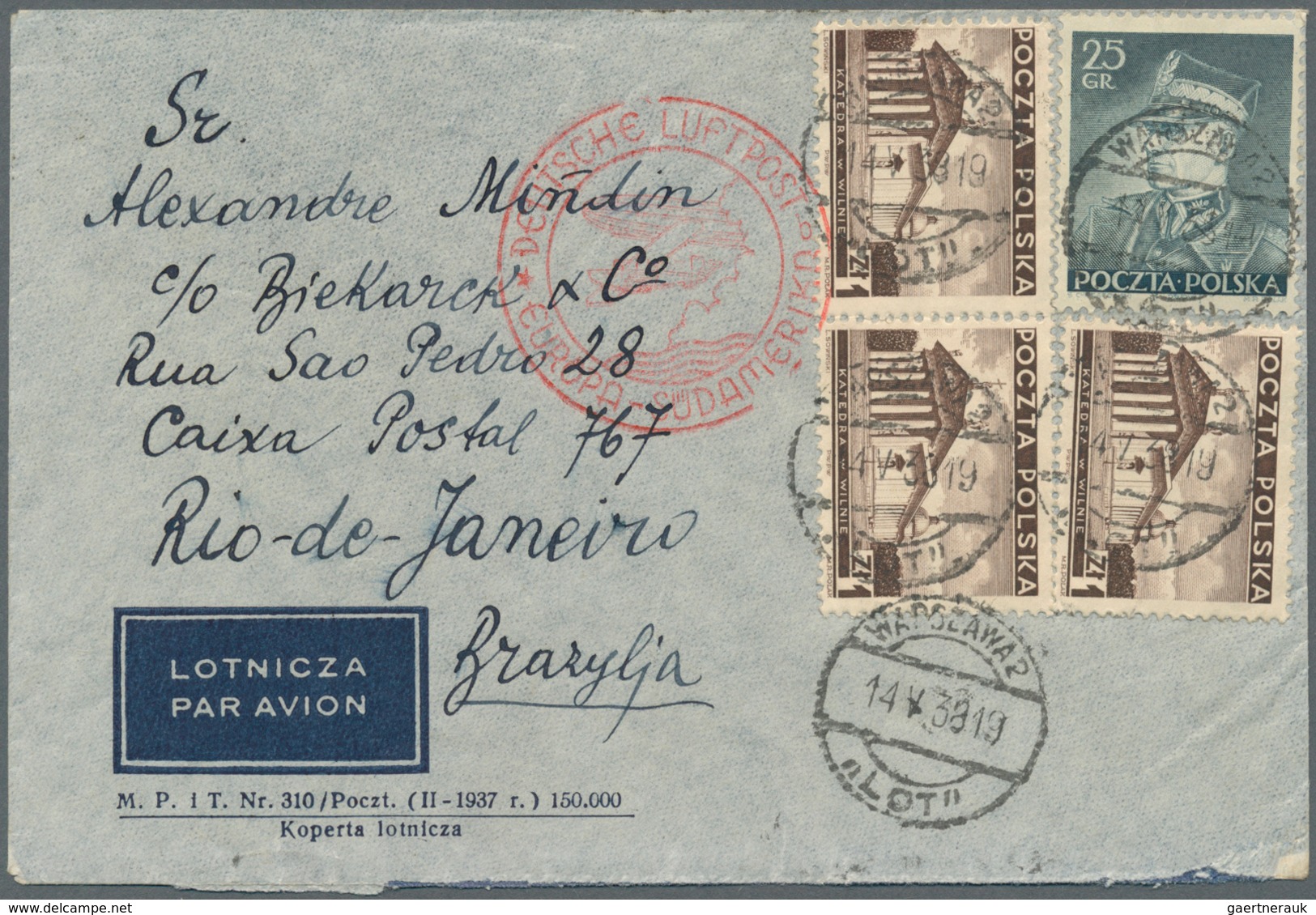 Polen: 1938, 25 Gr Grey-blue "Marshall Rydz-Smigly" And 3 X 1 Zl Brown Definitives, Mixed Franking O - Altri & Non Classificati