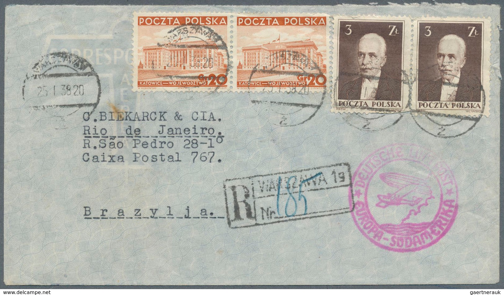 Polen: 1938, 2 X 20 Gr Orange And 2 X 3 Zl Dark Brown Definitives, Mixed Franking On Registered Airm - Other & Unclassified