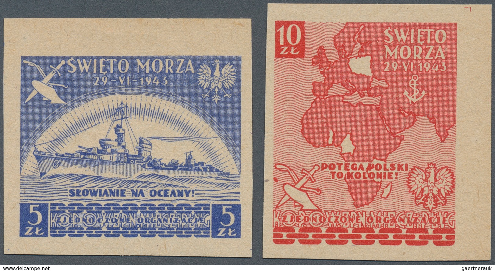 Polen - Besonderheiten: 1943, 5zł. Ultramarine And 10zł.. Red, Two Vignettes "Święto Morza" Depictin - Altri & Non Classificati