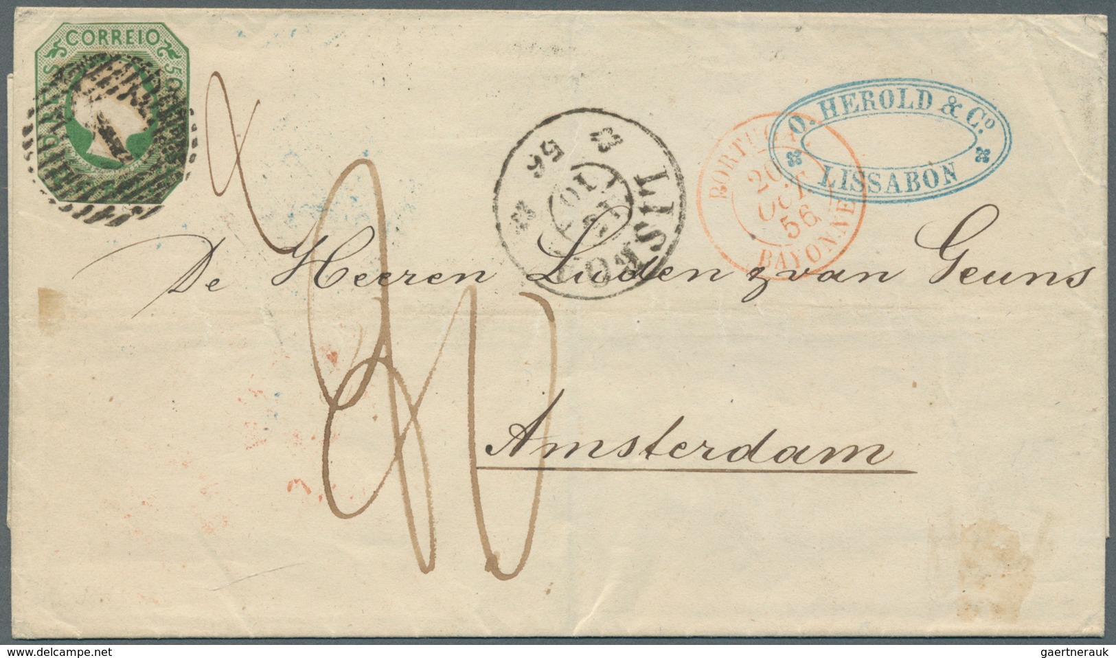 Portugal: 1856, Folded Letter Franked With 50 Reis Pedro V. Cut Octogonal With Numeral "1" From LISB - Unused Stamps