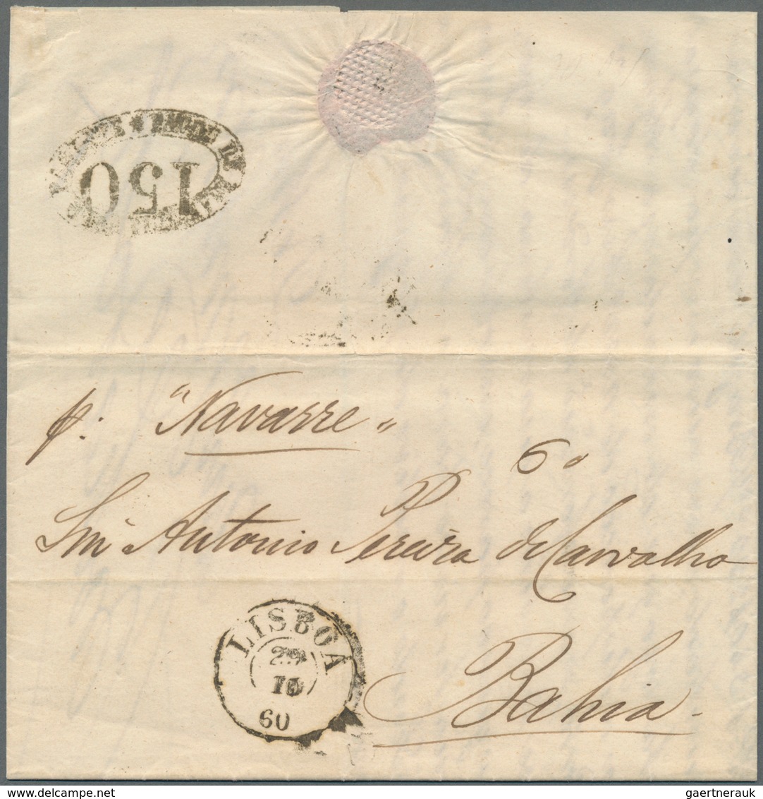 Portugal: 1860, Folded Letter From LISBOA "P. Navarre" To Bahia Rated "150" /Reis) On Reverse. - Ongebruikt