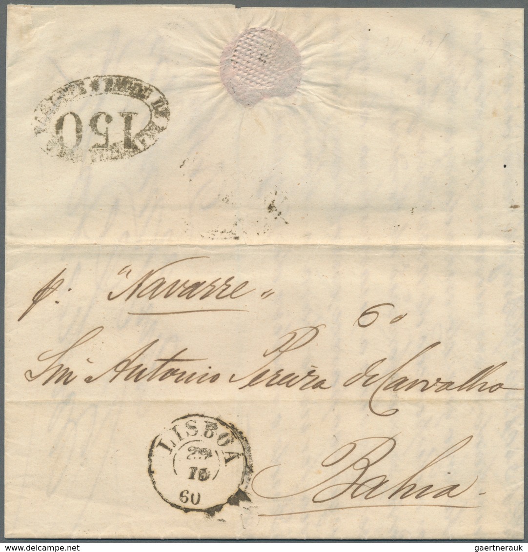 Portugal: 1860, Folded Letter From LISBOA "P. Navarre" To Bahia Rated "150" /Reis) On Reverse. - Unused Stamps