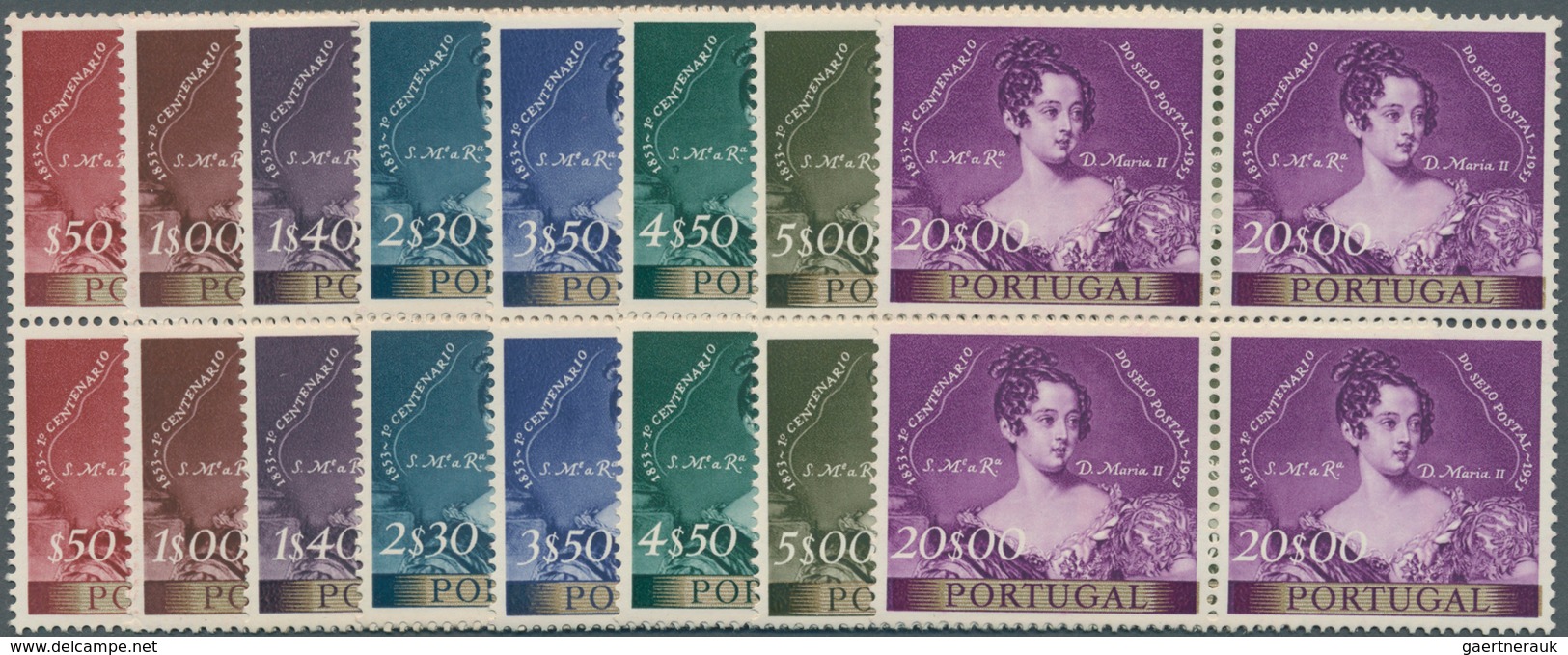 Portugal: 1953, 100 Years Of Port. Stamps Complete Set Of Eight In Blocks Of Four, Mint Never Hinged - Unused Stamps