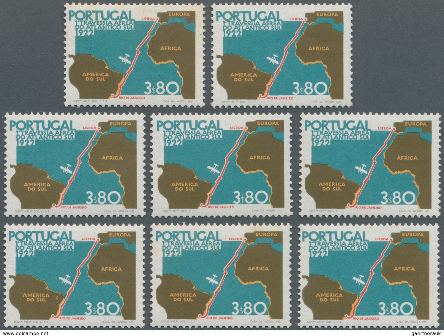 Portugal: 1972, 50 Years First Flight Lisbon To Rio De Janeiro 3.80esc. Perf. 13½ Group With Eight S - Unused Stamps