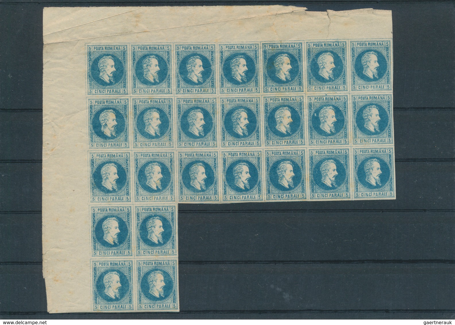 Rumänien: 1864, Never Issued 5 Parale Blue In Mnh Unit Of 25 Stamps From The Upper Left Corner. Some - Other & Unclassified