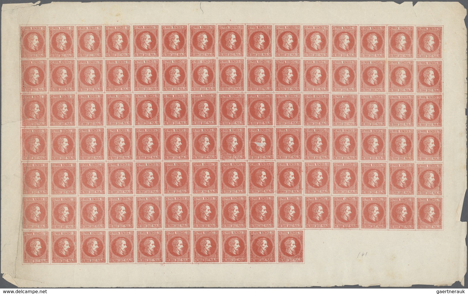 Rumänien: 1864, Never Issued 20 Parale Red In Complete Sheet Of 100 Stamps Including All Margins. So - Altri & Non Classificati