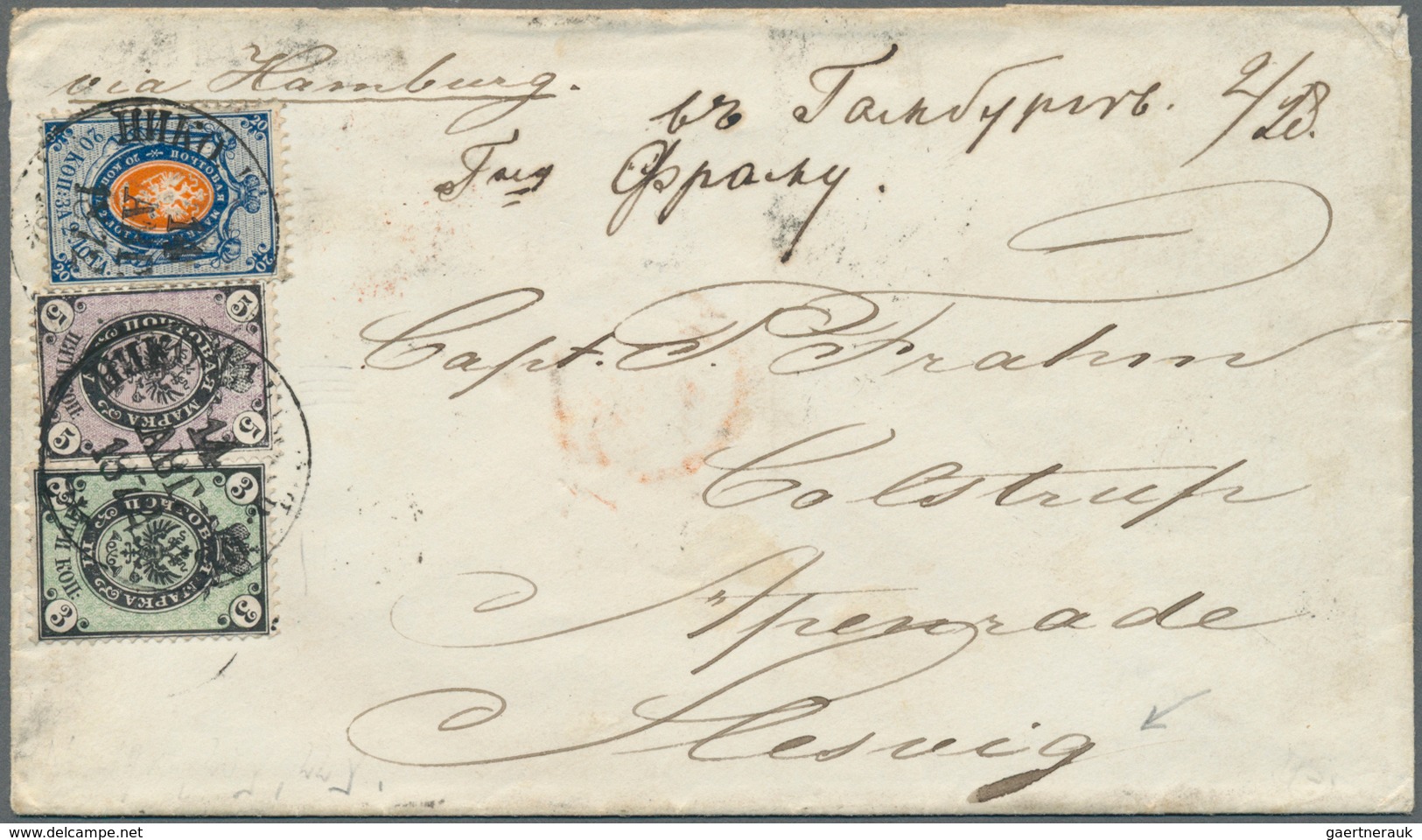 Russland: 1872, 3 K., 5 K., 20 K. Tied "NIKOLAYEVSK 14 NVR 1872" To Small Cover Via Moscow And Hambu - Used Stamps