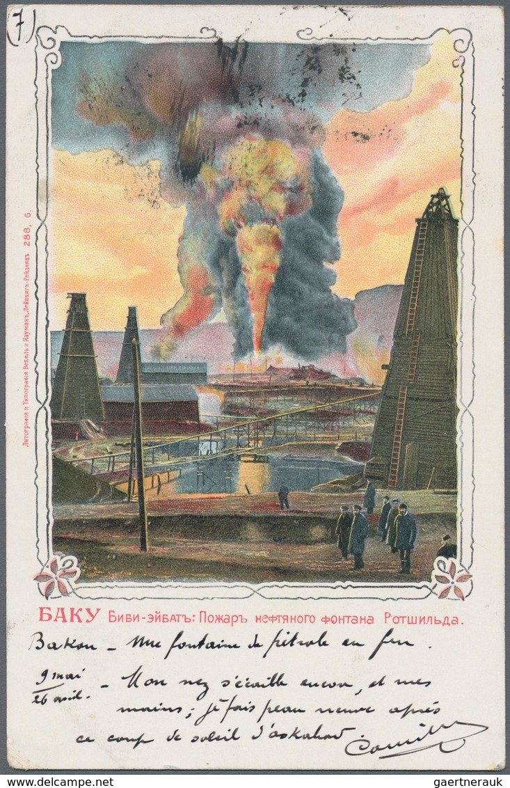 Russland: 1903/09, 10 K. Tied "BAKU 26 IV 1903" To Ppc (oil Well Burning) To Constantinople/Turkey; - Usati